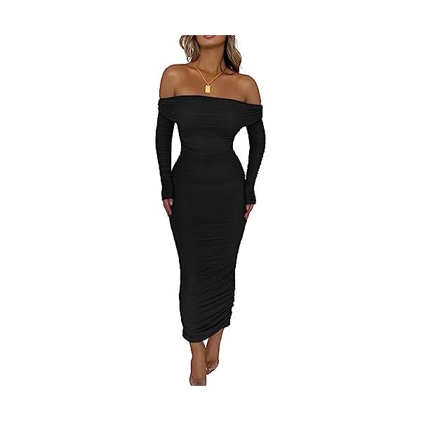 Women's Fall Off The Shoulder Maxi Dress Spring Long Sleeve Ruched Fitted Bodycon Club Dresses with Slit