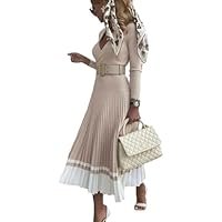 Women's Slim Fit Sexy A-line Two-Tone Patchwork Elegant Ribbed V-Neck Turn-up Knit Dress