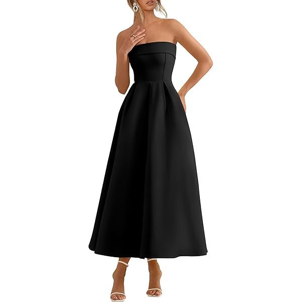 Strapless A-Line Midi Dress with Pockets