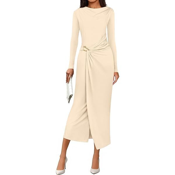 Ruched Cowl-Neck Long-Sleeve Midi Dress