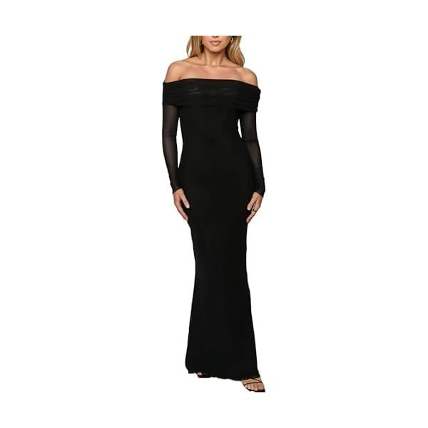 Off-Shoulder Mesh Long-Sleeve Maxi Dress
