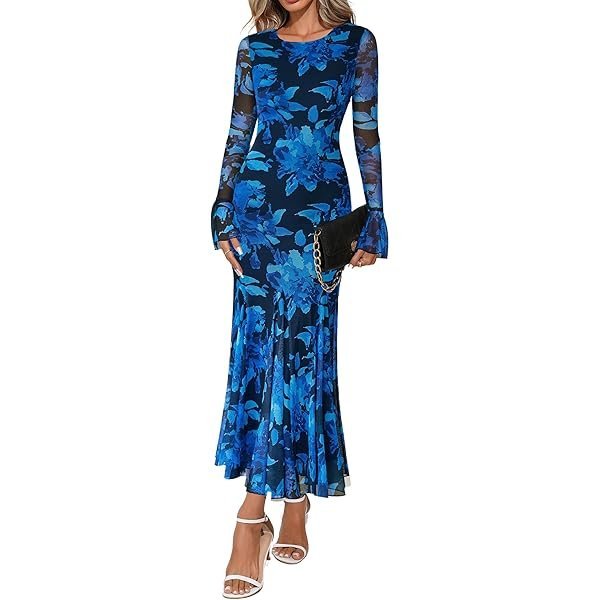 Floral Mesh Ruffle Long-Sleeve Maxi Dress