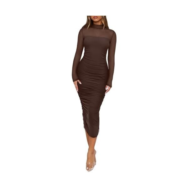 Sheer Mesh Mock-Neck Ruched Midi Dress