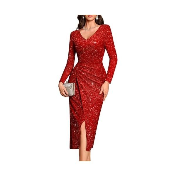 Sequin Wrap V-Neck Long-Sleeve Maxi Dress