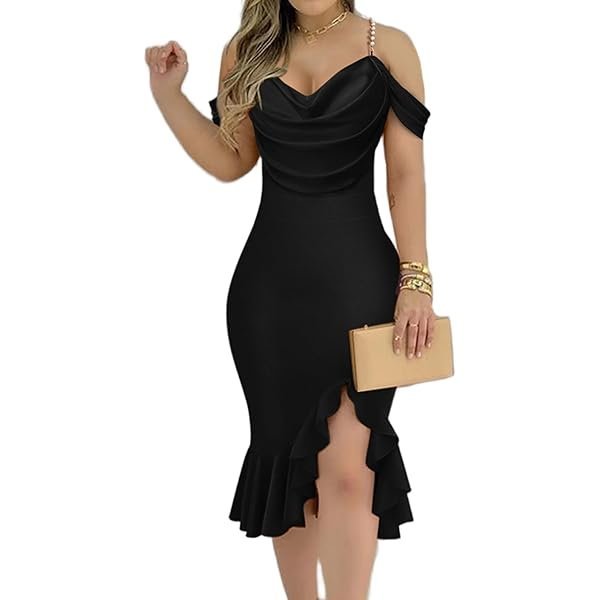 Pearl-Strap Off-Shoulder Ruffle Midi Dress