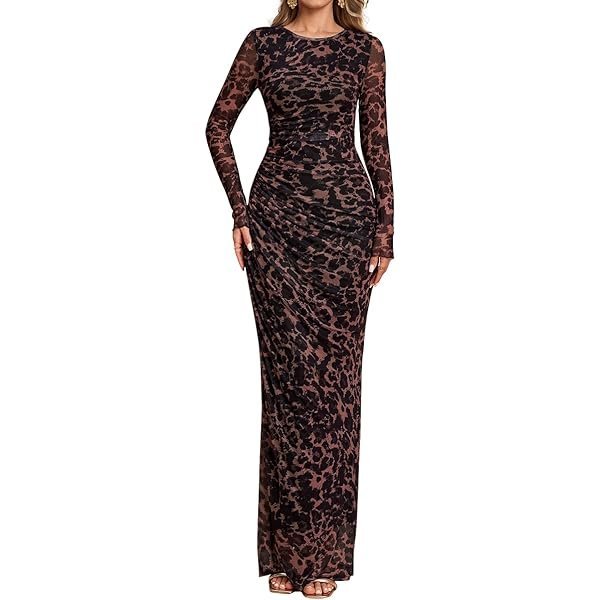 Floral Mesh Ruched Long-Sleeve Maxi Dress