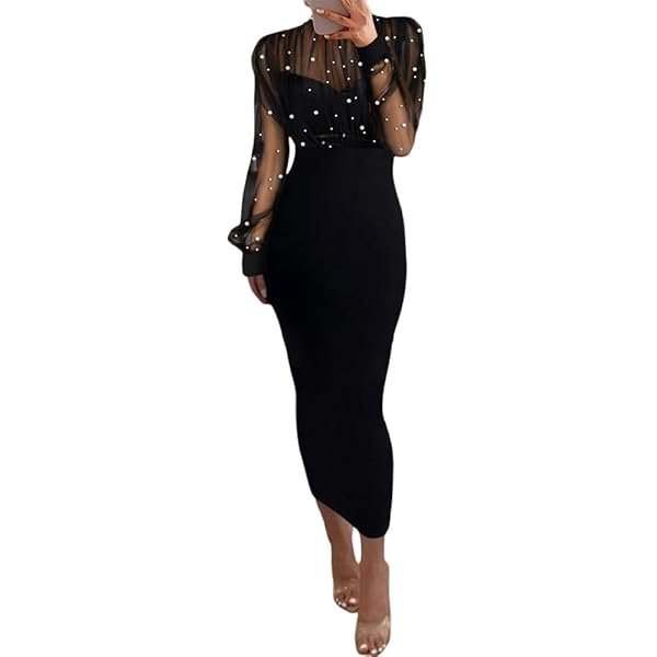 Beaded Sheer Mock-Neck Bodycon Midi Dress