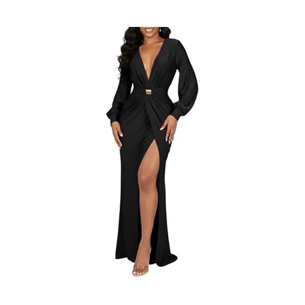 Deep V-Neck Long-Sleeve Slit Maxi Dress