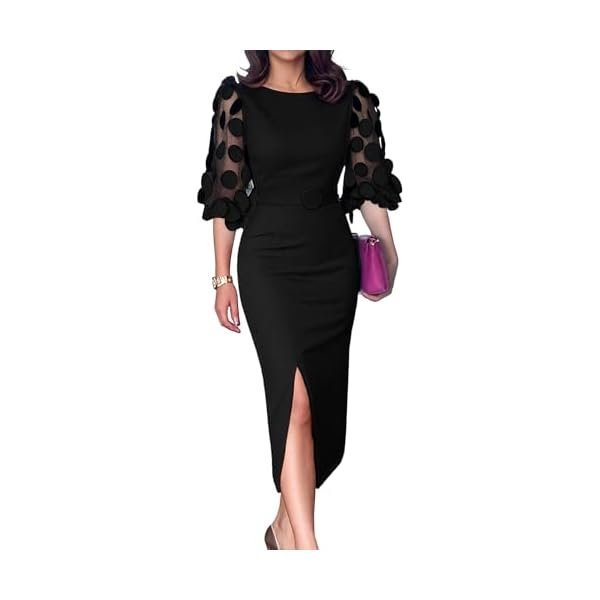 Mesh Puff-Sleeve Belted Bodycon Midi Dress