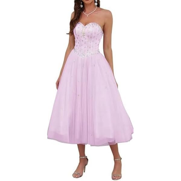 Strapless Beaded Tulle Tea-Length Dress