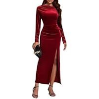 Velvet High-Slit Long-Sleeve Evening Gown